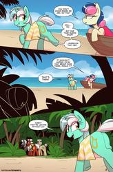 Size: 1080x1649 | Tagged: safe, artist:shinodage, bon bon, daring do, lyra heartstrings, sweetie drops, earth pony, pony, unicorn, comic:magic touch, comic:magic touch part 4, g4, beach, boat, clothes, comic, dialogue, female, mare, ocean, retcon, shirt, speech bubble, this will end in porn, tinyface, water