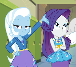 Size: 911x800 | Tagged: safe, screencap, bulk biceps, rarity, trixie, equestria girls, equestria girls series, g4, sock it to me, spoiler:choose your own ending (season 2), spoiler:eqg series (season 2), bracelet, canterlot high, clothes, cropped, crossed arms, duo focus, eyeroll, female, geode of shielding, hallway, hoodie, jewelry, lockers, magical geodes, offscreen character, rarity peplum dress, smiling