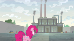 Size: 2400x1348 | Tagged: safe, screencap, pinkie pie, earth pony, pony, g4, the last laugh, building, chimney, factory, female, gag factory, mare, smoke, smokestacks, solo, walls
