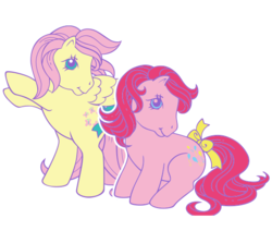 Size: 555x495 | Tagged: safe, fluttershy, pinkie pie, earth pony, pegasus, pony, g1, g4, official, bow, duo, duo female, female, g4 to g1, generation leap, simple background, tail bow, transparent background, website, white outline