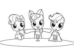 Size: 540x405 | Tagged: safe, earth pony, pegasus, pony, unicorn, g4, one bad apple, babs seed song, black and white, bow, coloring book, coloring page, cute, cutie mark, drink, drinking, female, filly, grayscale, lineart, looking at you, milkshake, monochrome, ponytail, simple background, straw, white background