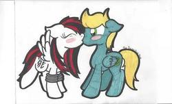 Size: 400x243 | Tagged: safe, artist:theartistsora, oc, oc only, oc:synthis, oc:thedoctorsora, pegasus, pony, female, kissing, male, straight, synsora, traditional art