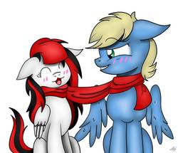 Size: 965x828 | Tagged: safe, artist:theartistsora, oc, oc only, oc:synthis, oc:thedoctorsora, pegasus, pony, blushing, clothes, female, floppy ears, male, scarf, shared clothing, shared scarf, simple background, straight, synsora, white background