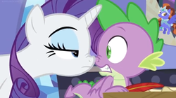 Size: 935x523 | Tagged: safe, screencap, rarity, spike, dragon, pony, unicorn, dragon dropped, g4, boop, duo, eyeshadow, female, lidded eyes, makeup, mare, quill, quill pen, rarity is not amused, shrunken pupils, slit pupils, suspicious, unamused, winged spike, wings