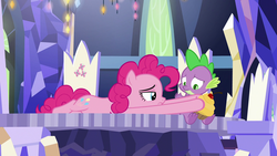 Size: 1920x1080 | Tagged: safe, screencap, pinkie pie, spike, dragon, pony, g4, the last laugh, claws, cupcake, cutie map, female, food, male, prone, twilight's castle, winged spike, wings