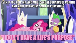 Size: 960x540 | Tagged: safe, edit, edited screencap, screencap, pinkie pie, spike, dragon, earth pony, pony, g4, the last laugh, caption, cupcake, cutie map, desperate, doesn't make sense, food, image macro, joke, lies, lying down, map, no sense, sad, text, twilight's castle, wat, what the hay?, winged spike, wings