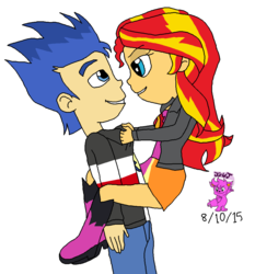 Size: 960x1031 | Tagged: safe, artist:stella-exquisa, flash sentry, sunset shimmer, equestria girls, g4, clinging, female, happy, male, ship:flashimmer, shipping, straight