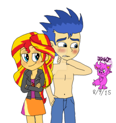 Size: 1024x1079 | Tagged: safe, artist:stella-exquisa, flash sentry, sunset shimmer, equestria girls, g4, belly button, clothes, female, jeans, male, pants, partial nudity, ship:flashimmer, shipping, smiling, straight, topless