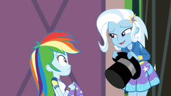 Size: 1914x1080 | Tagged: safe, screencap, rainbow dash, trixie, equestria girls, g4, my little pony equestria girls: choose your own ending, sock it to me, sock it to me: trixie, barrette, clothes, duo, duo female, female, hat, hoodie, skirt, smiling, sock, top hat, trixie's magic sock