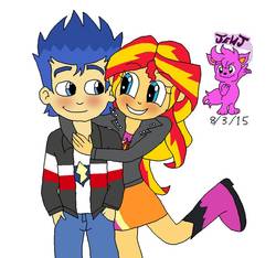 Size: 924x865 | Tagged: safe, artist:stella-exquisa, flash sentry, sunset shimmer, equestria girls, g4, blushing, clothes, cute, female, hug, hug from behind, jacket, leg in air, love, male, ship:flashimmer, shipping, simple background, smiling, straight, white background