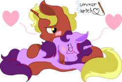 Size: 809x547 | Tagged: safe, artist:summersketch-mlp, oc, oc:aramau, oc:firebrand, pony, unicorn, blushing, female, firemau, hug, male, shipping, straight, traditional art