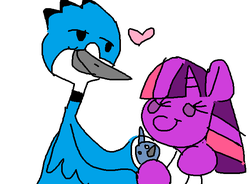 Size: 674x497 | Tagged: artist needed, safe, twilight sparkle, bird, blue jay, hybrid, pony, unicorn, anthro, digitigrade anthro, g4, 1000 hours in ms paint, baby, crossover, crossover shipping, female, interspecies offspring, male, mordecai, mordetwi, ms paint, offspring, parent:mordecai, parent:twilight sparkle, parents:mordetwi, regular show, shipping, simple background, straight, white background