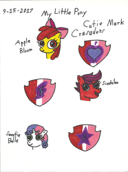 Size: 1696x2284 | Tagged: safe, artist:worldofcaitlyn, apple bloom, scootaloo, sweetie belle, earth pony, pegasus, pony, unicorn, g4, cutie mark, cutie mark crusaders, female, filly, marker drawing, sharpie, simple background, the cmc's cutie marks, traditional art, trio, white background