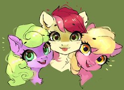 Size: 1080x783 | Tagged: safe, artist:sofiko-ko, daisy, flower wishes, lily, lily valley, roseluck, earth pony, pony, g4, :p, chest fluff, cute, ear fluff, female, flower trio, green background, looking at you, mare, simple background, tongue out, trio