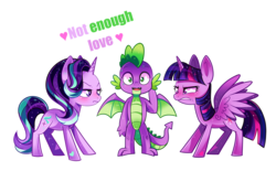 Size: 1800x1118 | Tagged: safe, artist:ipun, spike, starlight glimmer, twilight sparkle, alicorn, dragon, pony, g4, angry, deviantart watermark, female, love triangle, male, mare, obtrusive watermark, older, older spike, ship:sparlight, ship:twispike, shipping, simple background, spike gets all the mares, straight, transparent background, twilight sparkle (alicorn), watermark, winged spike, wings