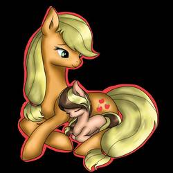 Size: 894x894 | Tagged: safe, artist:lunaapple, oc, oc:apple melody, earth pony, pony, black background, blank flank, cute, female, foal, hatless, missing accessory, mommajack, mother and daughter, offspring, parent:applejack, parent:caramel, parents:carajack, simple background