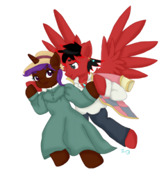 Size: 3073x3221 | Tagged: safe, artist:acrylicbanter, oc, oc:eliyora, oc:toonkriticy2k, pony, clothes, dress, female, flying, high res, male, missing accessory, shipping, straight