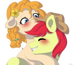 Size: 4096x3641 | Tagged: safe, artist:ev04kaa, bright mac, pear butter, earth pony, pony, rcf community, g4, the perfect pear, blushing, brightabetes, cute, eyes closed, female, floppy ears, hat, hug, male, mare, pearabetes, ship:brightbutter, shipping, simple background, smiling, stallion, straight, white background