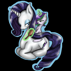 Size: 1024x1024 | Tagged: safe, artist:lunaapple, rarity, oc, oc:diamond heart, dracony, hybrid, pony, unicorn, g4, black background, female, foal, hairbrush, interspecies offspring, lying down, magic, missing cutie mark, mother and daughter, offspring, parent:rarity, parent:spike, parents:sparity, simple background