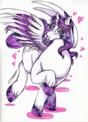 Size: 2418x3353 | Tagged: safe, artist:friskyhellspawn, bouncy, oc, oc only, oc:solestiaglimmers, alicorn, pony, :p, alicorn oc, big eyes, female, freckles, full body, heart, high res, mare, purple mane, simple background, small head, solo, sparkly, spread wings, thick, tongue out, unshorn fetlocks, white background, wings