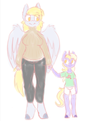 Size: 500x666 | Tagged: safe, artist:katyusha, derpy hooves, dinky hooves, pegasus, unicorn, anthro, unguligrade anthro, g4, duo, duo female, equestria's best mother, female, mother and daughter, sketch, underp