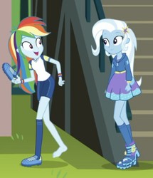 Size: 714x830 | Tagged: safe, screencap, rainbow dash, trixie, equestria girls, g4, my little pony equestria girls: choose your own ending, sock it to me, sock it to me: trixie, barefoot, boots, clothes, cute, dashabetes, diatrixes, feet, female, hat, kneesocks, legs, shoes, socks
