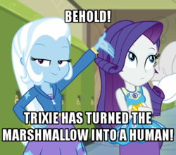 Size: 500x439 | Tagged: safe, edit, edited screencap, screencap, bulk biceps, rarity, trixie, equestria girls, equestria girls series, g4, sock it to me, spoiler:choose your own ending (season 2), spoiler:eqg series (season 2), bracelet, canterlot high, caption, cropped, crossed arms, duo, duo female, female, geode of shielding, hallway, image macro, jewelry, lockers, magical geodes, meme, offscreen character, rarity is a marshmallow, smiling, text