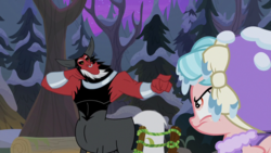 Size: 1920x1080 | Tagged: safe, screencap, cozy glow, lord tirek, centaur, pegasus, pony, frenemies (episode), g4, bare tree, clothes, cozy glow is not amused, female, filly, foal, forest, hat, male, nose piercing, nose ring, piercing, pine tree, pointing, septum piercing, tree, winter outfit