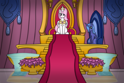 Size: 9000x6000 | Tagged: safe, artist:undisputed, princess celestia, princess luna, alicorn, pony, fanfic:golden reign, g4, duo, fanfic, fanfic art, female, mare, pink-mane celestia, s1 luna, sitting, throne, throne room, younger