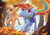 Size: 3000x2122 | Tagged: safe, artist:leafywind, applejack, rainbow dash, earth pony, pegasus, pony, fall weather friends, g4, cute, dashabetes, duo, female, high res, jackabetes, leaves, mare, missing cutie mark, running of the leaves, smiling, starry eyes, tree, wingding eyes