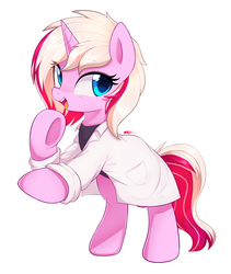 Size: 2289x2709 | Tagged: safe, artist:maren, oc, oc only, oc:honningbrew, pony, unicorn, clothes, female, high res, lab coat, mare, rearing, simple background, solo, white background