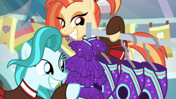 Size: 1920x1080 | Tagged: safe, screencap, lighthoof, shimmy shake, earth pony, pony, 2 4 6 greaaat, g4, cheerleader outfit, clothes, cute, duo, eyeshadow, female, grin, lidded eyes, makeup, mare, smiling, wide grin