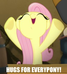 Size: 900x1000 | Tagged: safe, edit, edited screencap, screencap, fluttershy, pegasus, pony, g4, my little pony: the movie, bronybait, caption, cute, daaaaaaaaaaaw, eyes closed, female, free hugs, hooves in air, hug, image macro, mare, needs more jpeg, nose in the air, open mouth, shyabetes, smiling, solo, text, time to be awesome