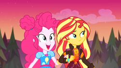 Size: 1910x1076 | Tagged: safe, screencap, pinkie pie, sunset shimmer, equestria girls, equestria girls specials, g4, my little pony equestria girls: better together, my little pony equestria girls: sunset's backstage pass, cute, diapinkes, duo, duo female, female, geode of empathy, geode of sugar bombs, magical geodes, open mouth, outdoors, shimmerbetes, smiling
