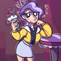 Size: 781x780 | Tagged: safe, artist:duckoiii, diamond tiara, human, equestria girls, g4, blushing, cute, female, humanized, looking at you, milkshake, smiling, solo, table, white pupils