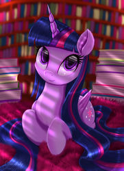 Size: 4550x6300 | Tagged: safe, artist:darksly, twilight sparkle, alicorn, pony, g4, absurd resolution, book, carpet, cutie mark, female, library, long mane, looking at you, mare, prone, smiling, solo, twilight sparkle (alicorn)