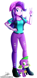 Size: 1004x2096 | Tagged: safe, artist:the-butch-x, edit, part of a set, spike, spike the regular dog, starlight glimmer, dog, equestria girls, g4, mirror magic, spoiler:eqg specials, adorasexy, beanie, boots, breasts, bust, clothes, commission, cute, female, fingers, hand on hip, hat, jeans, legs, looking at you, pants, peace sign, puppy, ripped jeans, ripped pants, sexy, shirt, shoes, signature, simple background, smiling, solo, stupid sexy starlight glimmer, teenager, torn clothes, transparent background, vest, watch, wristwatch