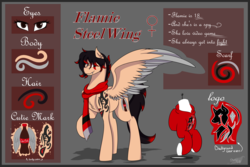 Size: 3000x2000 | Tagged: safe, artist:shamy-crist, oc, oc only, oc:flamie steelwing, pegasus, pony, clothes, engrish, fangs, female, high res, mare, reference sheet, scarf, solo