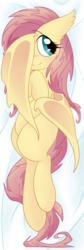 Size: 269x804 | Tagged: safe, artist:yukandasama, fluttershy, bat pony, pony, bat ponified, bat wings, body pillow, covering, cute, female, flutterbat, looking away, looking sideways, mare, on back, race swap, shyabetes, smiling, solo, teal eyes, wing covering, wings