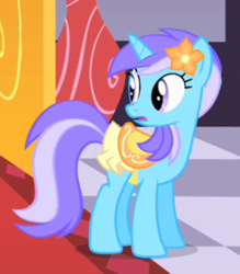 Size: 259x296 | Tagged: safe, screencap, diamond mint, pony, unicorn, g4, the best night ever, background pony, cropped, female, flower, flower in hair, looking back, mare, saddle, solo, tack