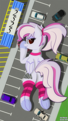 Size: 1800x3200 | Tagged: safe, artist:just rusya, oc, oc only, oc:windbreaker, pegasus, pony, butt, car, giant pony, leg warmers, looking at you, lying, macro, parking lot, plot, solo, vehicle