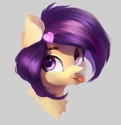 Size: 1048x1080 | Tagged: safe, artist:sofiko-ko, oc, oc only, oc:amethyst arkin, pony, :p, bust, chest fluff, female, gray background, looking at you, mare, simple background, solo, tongue out