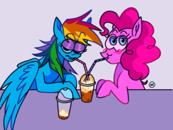 Size: 1024x768 | Tagged: safe, artist:honkinghighblood, pinkie pie, rainbow dash, earth pony, pegasus, pony, g4, blushing, coffee cup, cup, duo, eye clipping through hair, female, lesbian, lidded eyes, mare, sharing a drink, ship:pinkiedash, shipping, simple background, straw