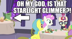 Size: 811x437 | Tagged: safe, edit, edited screencap, screencap, lemon hearts, moondancer, spike, starlight glimmer, twinkleshine, amending fences, g4, arrow, captain obvious, caption, image macro, op is a slowpoke, sarcasm in the comments, slowpoke, spy, starlight stalker, text