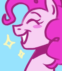 Size: 1800x2070 | Tagged: safe, artist:honkinghighblood, pinkie pie, earth pony, pony, g4, blue background, blushing, bust, eyes closed, female, grin, mare, profile, simple background, smiling, solo, stars