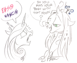 Size: 1472x1209 | Tagged: safe, artist:andypriceart, edit, editor:dsp2003, princess cadance, queen chrysalis, alicorn, changeling, changeling queen, pony, g4, :3, andy you magnificent bastard, censored vulgarity, fangs, female, grawlixes, mare, monochrome, pencil drawing, smug, smug bug, traditional art