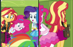 Size: 1663x1073 | Tagged: safe, screencap, pinkie pie, rainbow dash, rarity, sunset shimmer, equestria girls, equestria girls series, g4, my little pony equestria girls: choose your own ending, sock it to me, spoiler:eqg series (season 2), comparison, female, flexible, geode of empathy, geode of shielding, geode of sugar bombs, magical geodes, pinkie being pinkie, pinkie physics