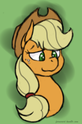 Size: 1266x1920 | Tagged: safe, artist:furncoart, part of a set, applejack, earth pony, pony, g4, bust, explicit source, female, green background, mare, simple background, smiling, solo