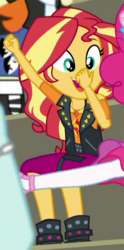 Size: 369x742 | Tagged: safe, screencap, captain planet, golden hazel, pinkie pie, sunset shimmer, equestria girls, equestria girls series, g4, sock it to me, sock it to me: bulk biceps, spoiler:choose your own ending (season 2), spoiler:eqg series (season 2), cropped, female, geode of empathy, magical geodes, solo focus