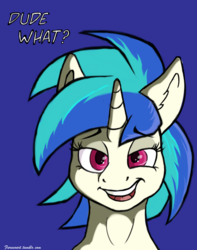 Size: 1280x1621 | Tagged: safe, artist:furncoart, dj pon-3, vinyl scratch, pony, unicorn, g4, blue background, bust, explicit source, female, lidded eyes, looking at you, mare, open mouth, simple background, smiling, smirk, solo, speech